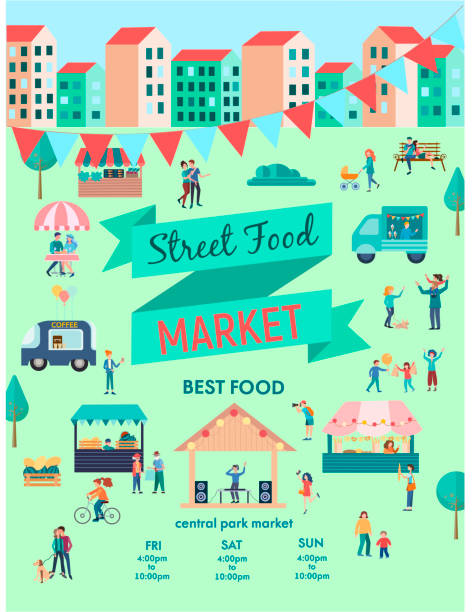 ilustraciones, imágenes clip art, dibujos animados e iconos de stock de ilustración vectorial del mercado de alimentos justos. puestos al aire libre del mercado - fiesta callejera