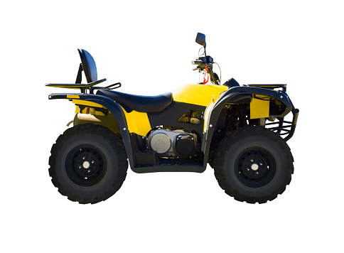 Yellow ATV vehicle isolated on white background. Four wheeled quad bike for off-road riding