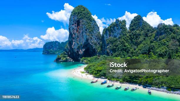 Aerial View Phra Nang Cave Beach With Traditional Long Tail Boat On Ao Phra Nang Beach Railay Bay Krabi Thailand Stock Photo - Download Image Now