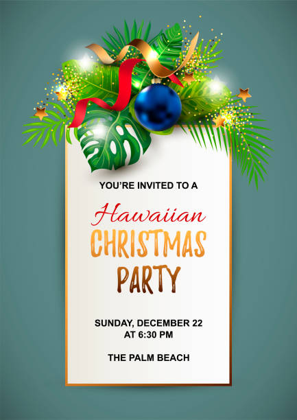 ilustraciones, imágenes clip art, dibujos animados e iconos de stock de invitación de fiesta de navidad hawaiana con hojas tropicales exóticas - viaje en primera clase