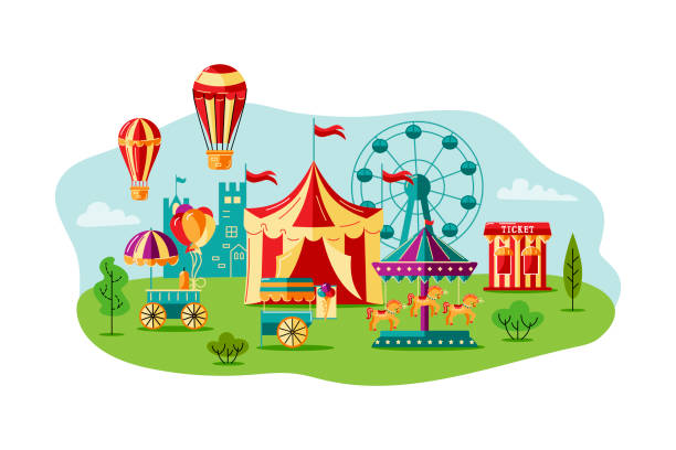 ilustraciones, imágenes clip art, dibujos animados e iconos de stock de parque de amusment con carpa de circo, carrusel - amusment park