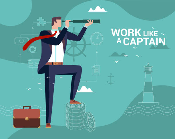 ilustrações de stock, clip art, desenhos animados e ícones de concept flat illustration. businessman captain looks through a telescope. work like a captain word. - star nautical vessel one person direction