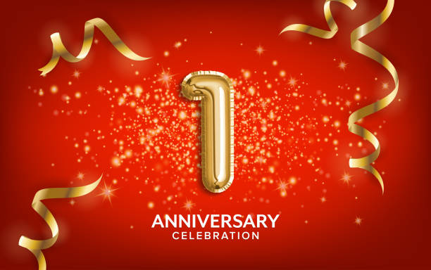 First Anniversary celebration. Anniversary Celebrating text balloons with golden serpentine and confetti on red background. Birthday or wedding party event decoration. Illustration stock