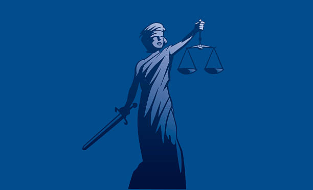 Blue illustration of Lady Justice holding a sword and scale vector art illustration