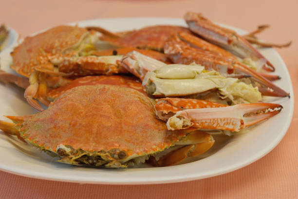 istock seafood on dish. Fresh sea red crabs boiled in white plate on table 1181870200
