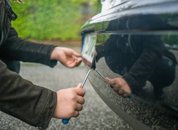 persona ruba la targa su un'auto con un cacciavite - license plate foto e immagini stock