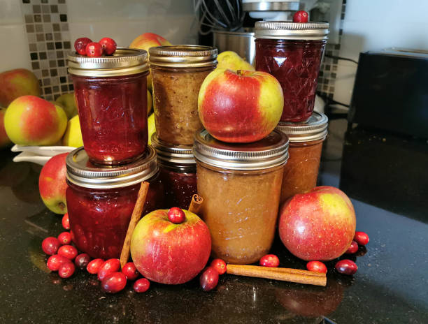 conservas applesauce cranberry geléia maçãs canela preserva cranberries outono e outono - jar canning food preserves - fotografias e filmes do acervo