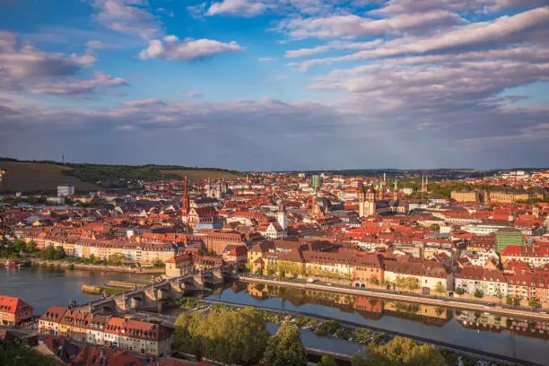 Aerial view of Wurzburg in Franconia, northern Bavaria, Germany, from Marienberg Fortress with Alte Mainbrücke (Old Main Bridge) over Main River, picturesque waterfront buildings, Old town with cathedral and city hall, and the Würzburg Residence seen in background