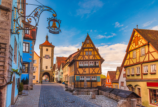 Classic view of picturesque Plonlein (Little Square) in Rothenburg ob der Tauber, Bavaria, Germany, Europe, one of the most popular travel destination on Romantic Road touristic route