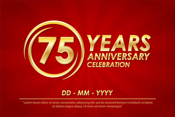 75th years anniversary celebration emblem. anniversary logo with ring and elegance of golden on red background, vector illustration template design for celebration greeting card and invitation card 75th years anniversary celebration emblem. anniversary logo with ring and elegance of golden on red background, vector illustration template design for celebration greeting card and invitation card 75th anniversary stock illustrations