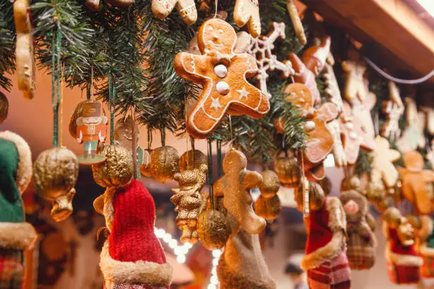 Traditional seasonal items and gifts at Christmas market (Christkindlmarkt) stall in Central Berlin, Germany