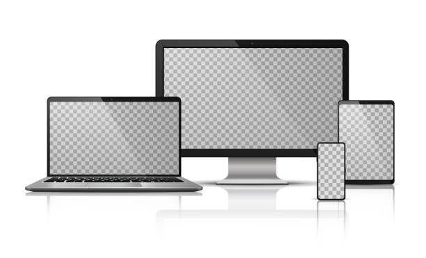 透明な画面を持つ現実的なコンピュータのラップトップのスマートフォン。タブレットガジェットテンプレート、pcラップトップモバイルデバイスのモックアップ。ベクトル分離デバイス画� - パソコン点のイラスト素材／クリップアート素材／マンガ素材／アイコン素材
