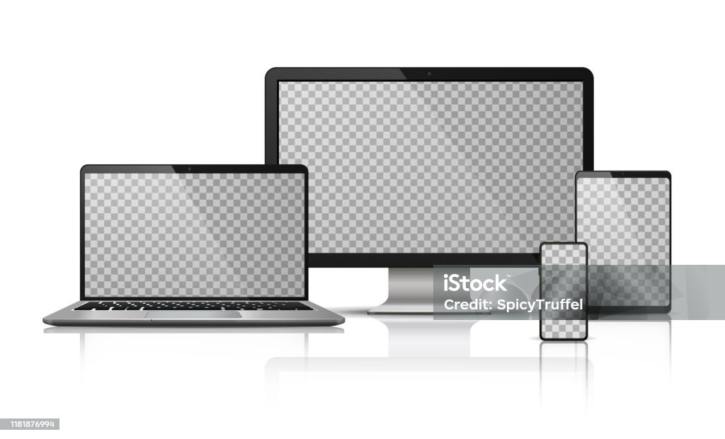 Realistische computer laptop smartphone met transparant scherm. Tablet gadget sjabloon, PC laptop mobiele apparaten mockup. Vector geïsoleerd apparaat scherm - Royalty-free Sjabloon vectorkunst