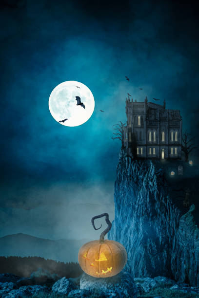 casa assombrada em uma noite com uma lua cheia-3d-ilustração - mist castle fog night - fotografias e filmes do acervo