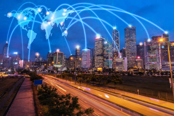 istock Wireless network information technology linking a world data sending to financial cooperate. Smart city internet of things global communication and cloud tech. wifi internet access. 1181878634