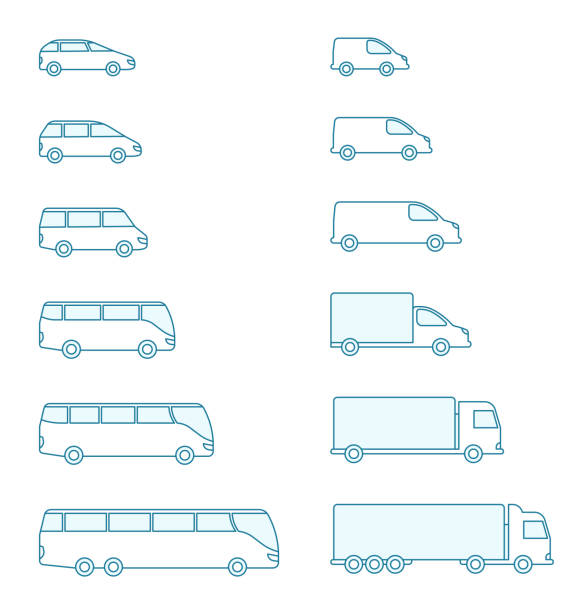 전송 아이콘 세트의 크기입니다. 컴팩트 한 표준 긴. 승객 버스와화물 트럭의 운송. 작은 것에서 큰. 윤곽선 파란색 선 벡터입니다. - mini van illustrations stock illustrations