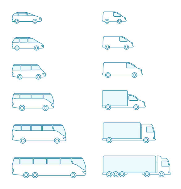 The size of the transport icon set. Compact standard long. Transportation of passengers buses and cargo trucks. From small to large. Outline contour blue line vector. The size of the transport icon set. Compact standard long. Transportation of passengers buses and cargo trucks. From small to large. Outline contour blue line flat vector. small bus stock illustrations