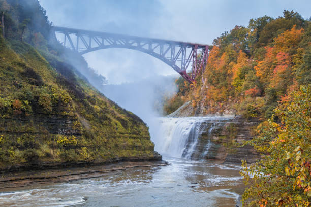 Upper Falls with fall foliage at sunrise creates a majestic scene at Letchworth State Park, NY Gorges covered in fall foliage at sunrise creates a majestic scene at Letchworth State Park, NY letchworth state park stock pictures, royalty-free photos & images