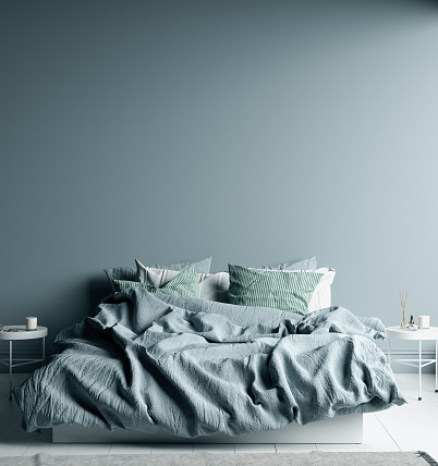 Dark cold blue bedroom interior with linen sheet on bed, wall mock up, 3d render