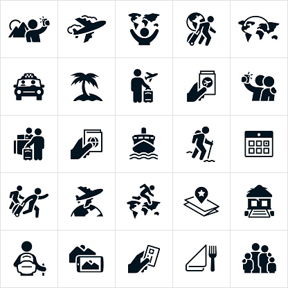 A set of tourism icons. The icons include an airplane, a tourist pulling luggage, a tourist taking pictures, a tourist taking a selfie, a taxi ride, beach, airplane ticket, visa, hotel check-in, cruise ship, a tourist hiking, calendar, a globe, the continents of the world, map, tropical resort, credit card, dining and a family to name just a few.