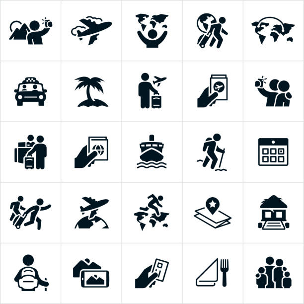 Tourism Icons A set of tourism icons. The icons include an airplane, a tourist pulling luggage, a tourist taking pictures, a tourist taking a selfie, a taxi ride, beach, airplane ticket, visa, hotel check-in, cruise ship, a tourist hiking, calendar, a globe, the continents of the world, map, tropical resort, credit card, dining and a family to name just a few. hiking icons stock illustrations