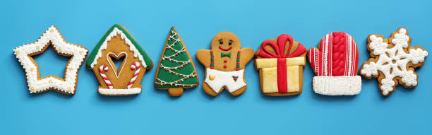 istock Christmas festive border gingerbread on a blue background. Top view, flat lay. 1181886599
