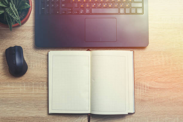 istock Office Workspace. Laptop, Wireless mouse, Diary, Office flower in the pot. The concept of Freelancing 1181886690