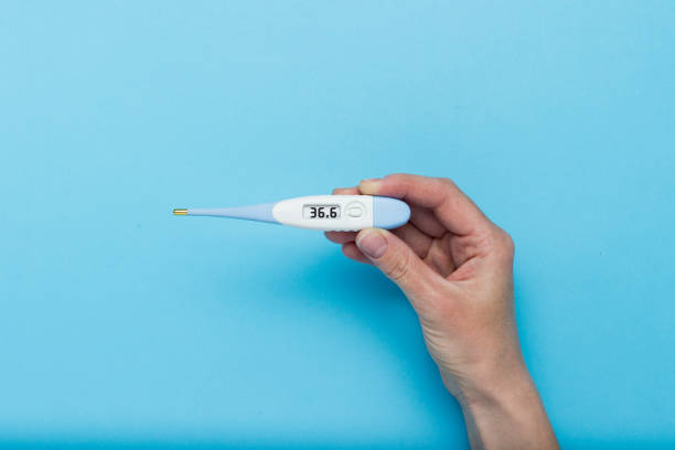 Female hand holds an electronic thermometer showing a temperatur Female hand holds an electronic thermometer showing a temperature of 36.6 degrees on a blue background. Flat lay, top view. temperatur stock pictures, royalty-free photos & images