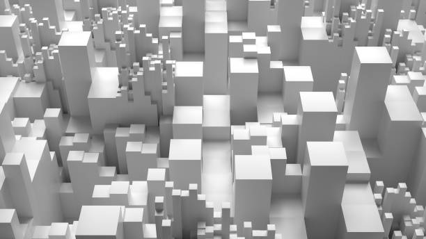 istock Bright 3d background with extruded primitives have random height. 1181889777