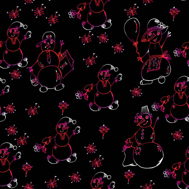 Snowmen and snowflakes. Seamless pattern, bright, festive