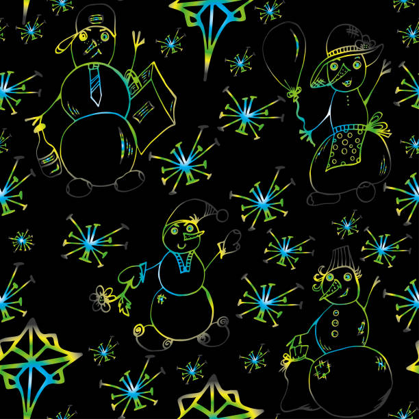 Snowmen and snowflakes. Seamless pattern, bright, festive