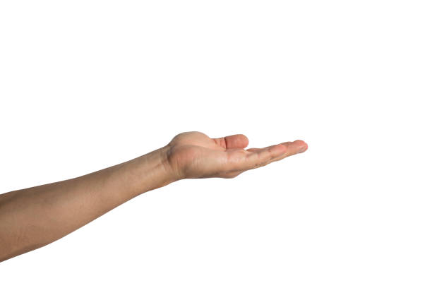 istock Male hand palm up on a white background. Side shot 1181891675