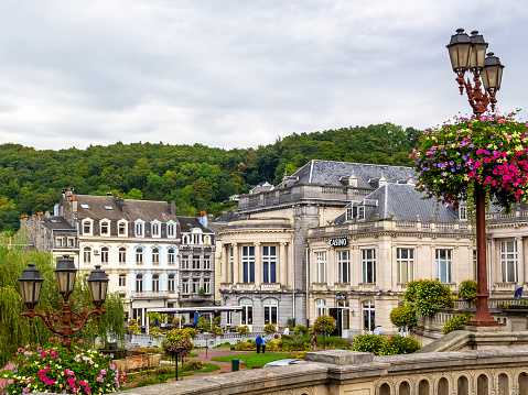 Spa, Belgium - September 29, 2013: Elevated view of the Gardens of the Casino in front of the present buildings of the 18th-century La Redoute - the oldest Casino in the world