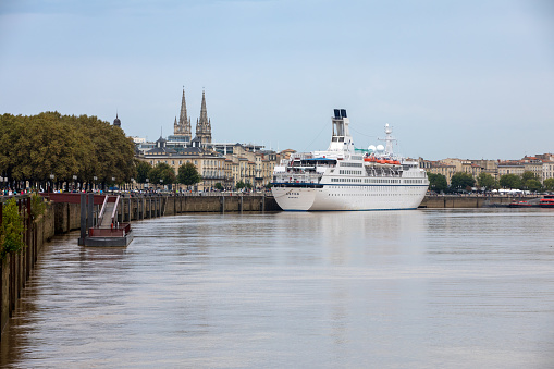 Bordeaux, France - September 9, 2018: Cruise ships in the Garonne river harbour. Bordeaux, Gironde. Aquitaine France Europe