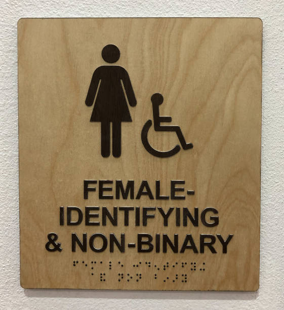 restroom sign with handicapped symbol female identifying non-binary - 1474 imagens e fotografias de stock