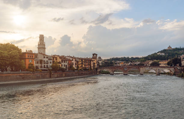 istock Panoramic view on the dige river in the evening in Verona 1181894531