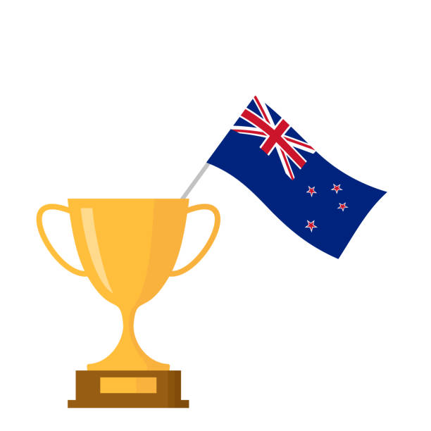 New zealand flag and golden trophy cup icon vector art illustration