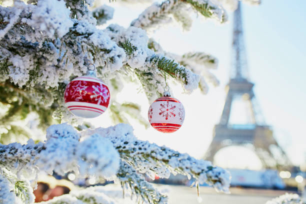 istock Christmas tree covered with snow near Eiffel tower 1181895782