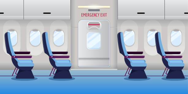 ilustrações de stock, clip art, desenhos animados e ícones de airplane inside. empty plane interior with emergency exit door. vector illustration. safety aircraft flight concept - vehicle door illustrations