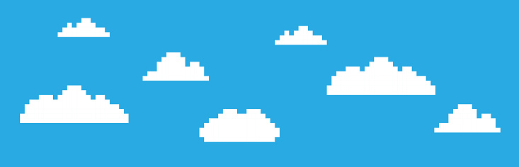 Pixel video game cloud icons. 8-bit concept. Vector illustration in retro game style isolated on blue background.