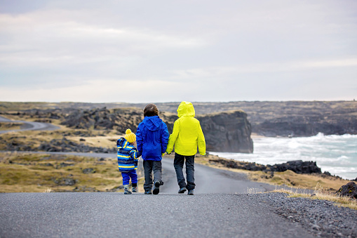 Children, walking on a curved road near ocean in beautiful nature in Snaefellsjokull National Park in Iceland, autumntime