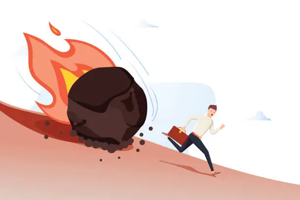Vector illustration of Big rock or boulder rolling down on a man from steep mountain hill slope. Vector concept artwork of danger, risk.