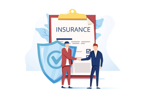 flache metapher poster präsentiert versicherungsdienstleistungen. cartoon männlich erkunde und agent schüttelt hände über riesigen sicheren vertrag - insurance company stock-grafiken, -clipart, -cartoons und -symbole