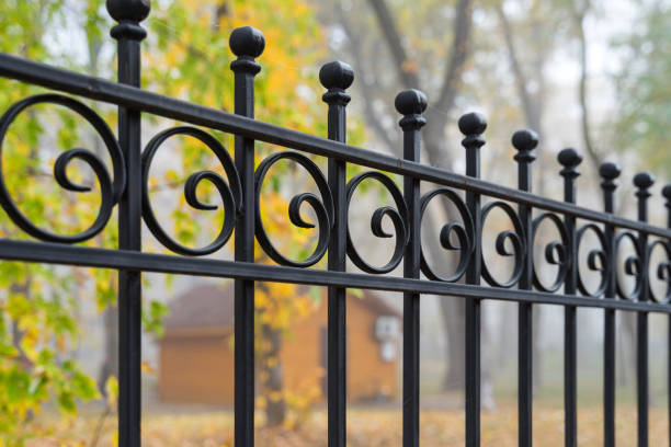 imagem de uma cerca decorativa bonita do ferro de molde forjado com forjamento artístico. fim do guardrail do metal acima. - iron fence - fotografias e filmes do acervo