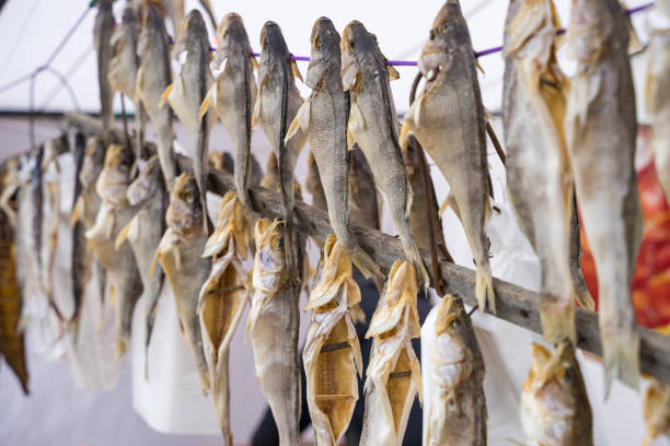 istock Dried fish on a rope sold at the fair. 1181903013