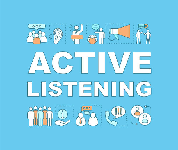 ilustraciones, imágenes clip art, dibujos animados e iconos de stock de banner de conceptos de palabras de escucha activas - escuchar