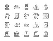 Set of Funeral Line Icons. Church, Crypt,   Funeral Urn, Cremation Vessel,   Coffin, Hearse, Tombstone and more.