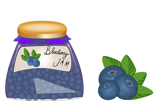 Glass jar with blueberry jam on white background. Label for jam. Mockup for your brand illustration