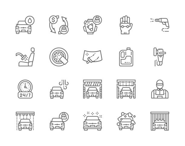 Set of Car Wash Line Icons. Auto Washing, Interior Cleaning, Windshield, Polishing Machine and more. Set of Car Wash Line Icons. Auto Washing, High Pressure Wash Spray Gun, Interior Cleaning, Wheel Lock, Windshield, Polishing Machine and more. car wash windshield stock illustrations