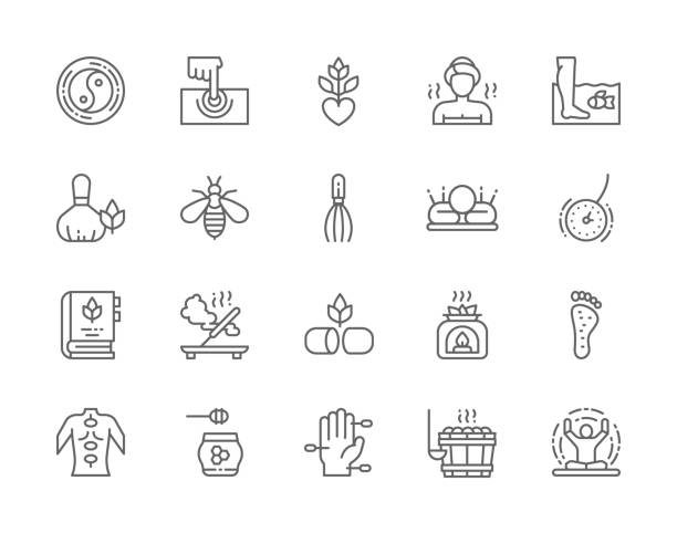 Set of Alternative Medicine Line Icons. Bathhouse, Thai Massage, Bee Venom Therapy, Acupuncture, Aromatherapy, Meditation, Yoga and more. Set of Alternative Medicine Line Icons. Bathhouse, Herbal Medicine, Fish Spa Pedicure, Thai Massage, Bee Venom Therapy, Acupuncture, Aromatherapy, Meditation, Yoga and more. venom symbol stock illustrations